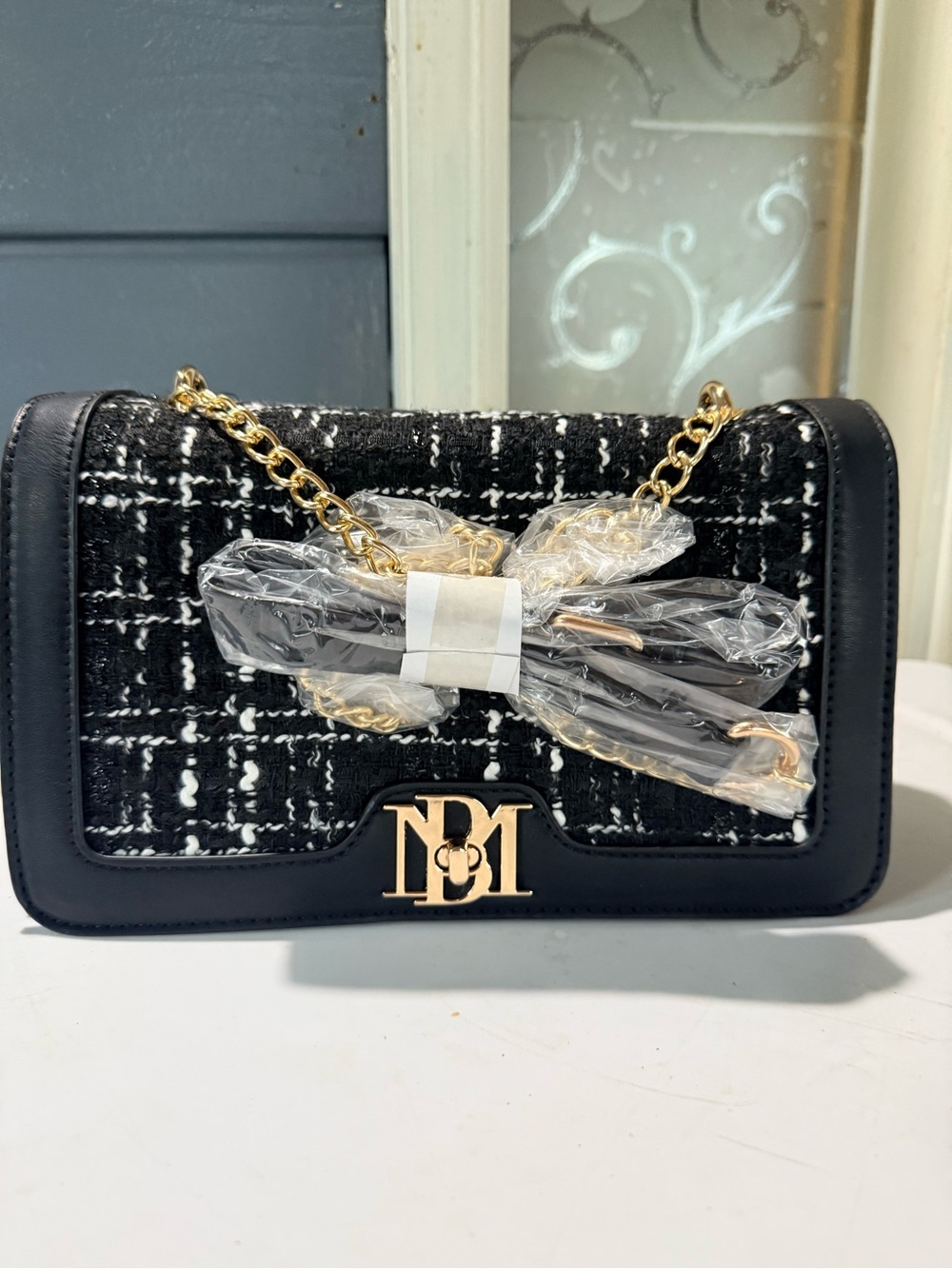 Badgley Mischka Black Tweed Crossbody with Gold Hardware